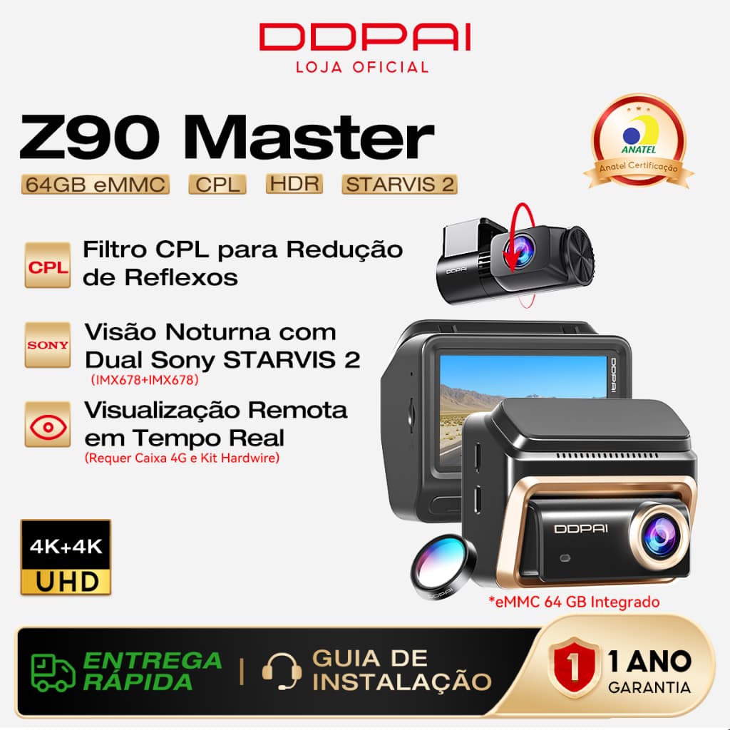 DDPAI Z90 Master Dual 4K Câmera Veicular eMMC 64GB CPL STARVIS 2 Visão Noturna Suporte a Monitoramento Remoto WiFi GPS