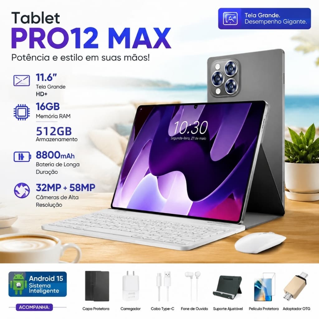 Tablet Galaxy Pro12 Max  | 16GB + 512GB | Android 15 | 11.6" HD screen | Snapdragon 888 with Free Keyboard and Mouse 5G
