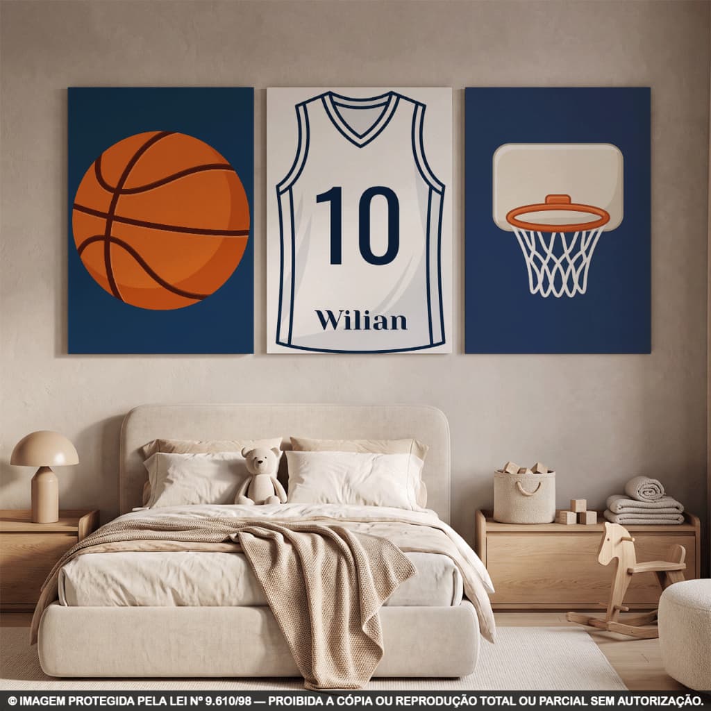 Kit 3 Quadros Decorativos Basquete Personalizado Wilian | Bola, Camisa 10 e Cesta | Decoração Quarto em MDF 3mm