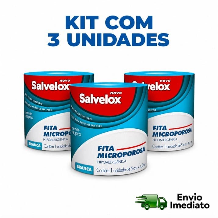 Kit 3 Unidades Fita Microporosa Salvelox 5cm x 4,5m Hipoalergênica Branca Curativo Fixação