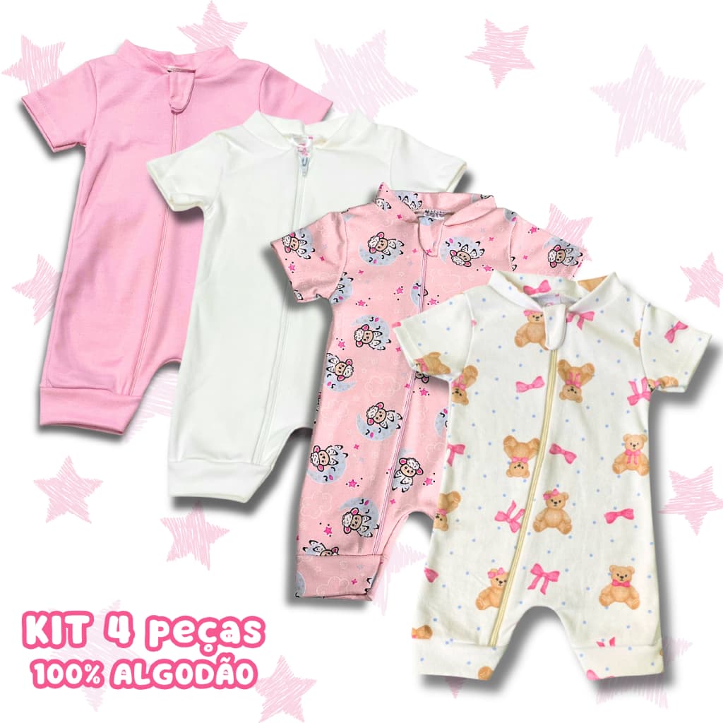 Kit 4 Macacão de Verão Bebe Menina Passeio Curto 100% Algodão RN ao GG