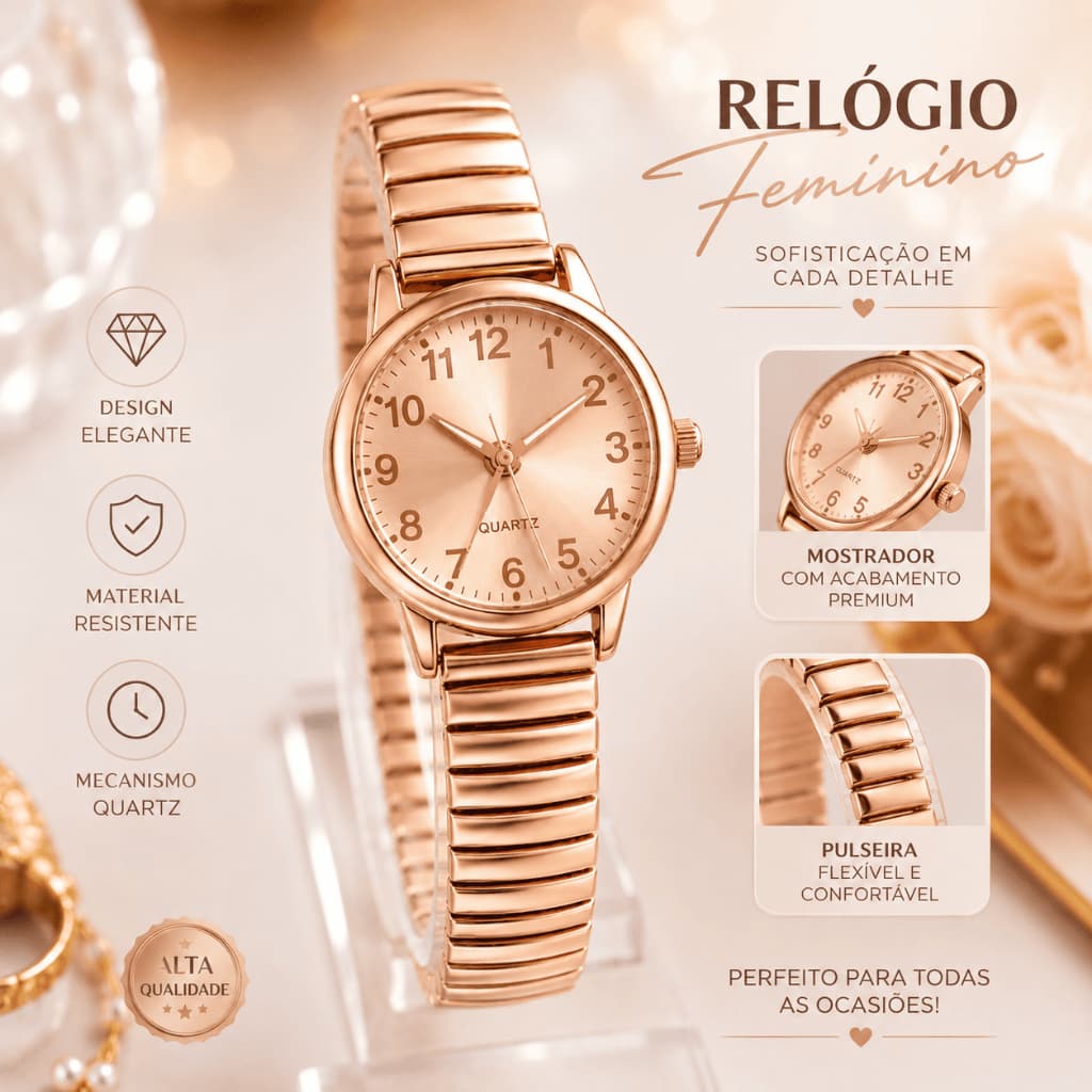 Relógio Feminino Prata Elegante Quartzo Pulseira Metálica Flexível Social Fashion Moderno