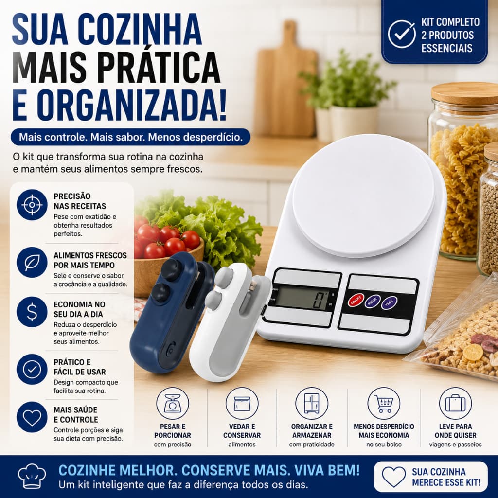 Balança Digital de Cozinha 10kg Alta Precisão + Mini Seladora de Sacos Portátil Kit
