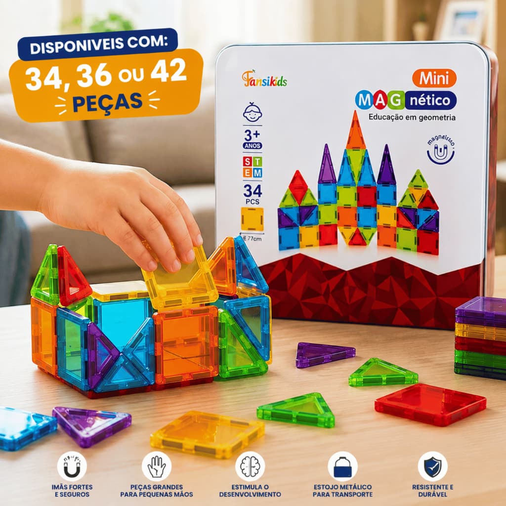 Bloco Magnético Imã Contrução Infantil  Brinquedo STEM Educativo Peças de Montar Estojo Metal 34-36 ou 42 peças
