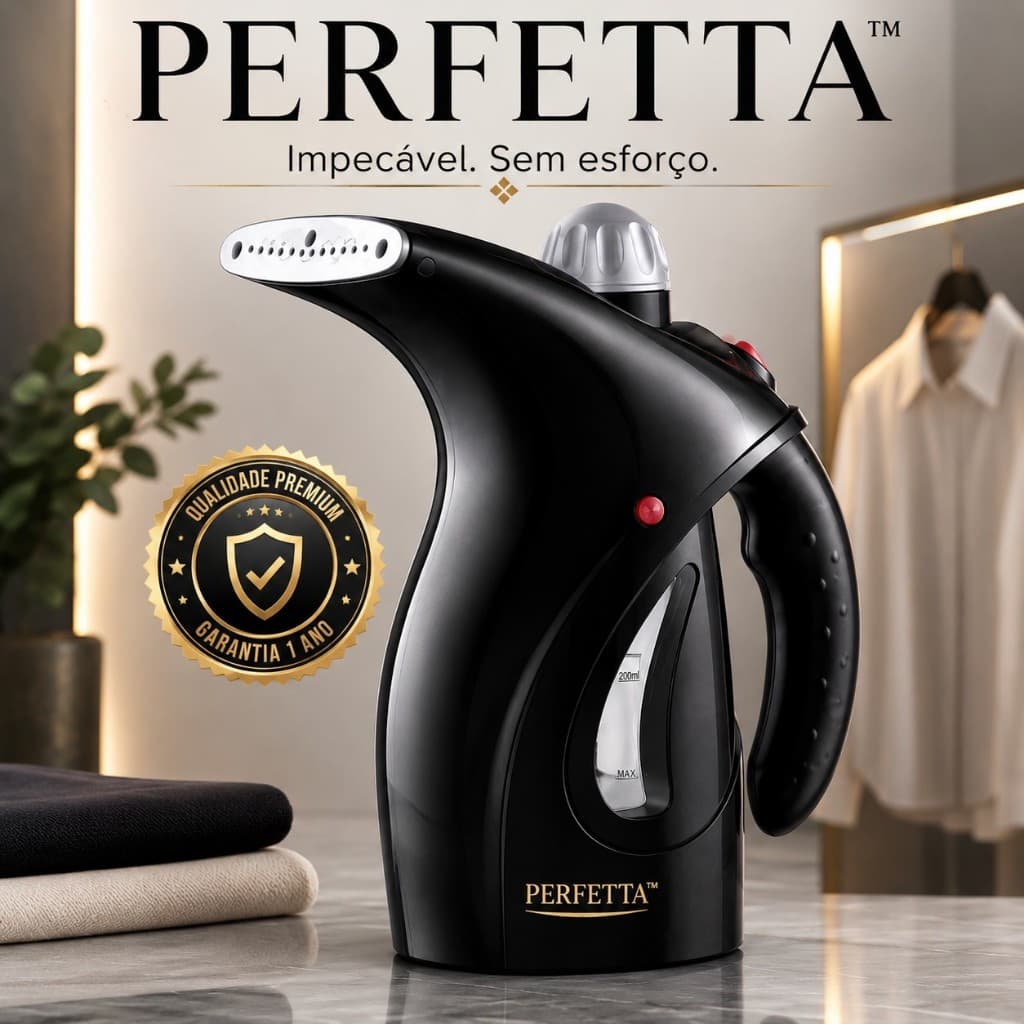 Passadeira a Vapor Perfetta™ Portátil 127V Alta Pressão para Roupas Tecidos Desamassa Rápido Preta