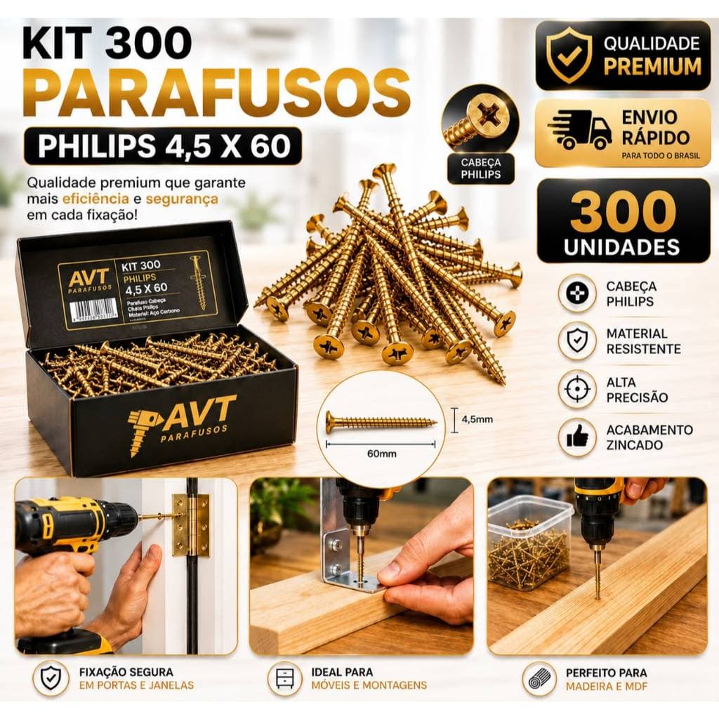Kit 300 Parafuso Philips 4,5x60 Chipboard Aço Cabeça Chata