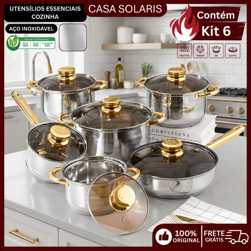 Kit 6 Panelas com 6 Tampas em Aço Inox Premium Antiaderente Design Exclusivo de Luxo