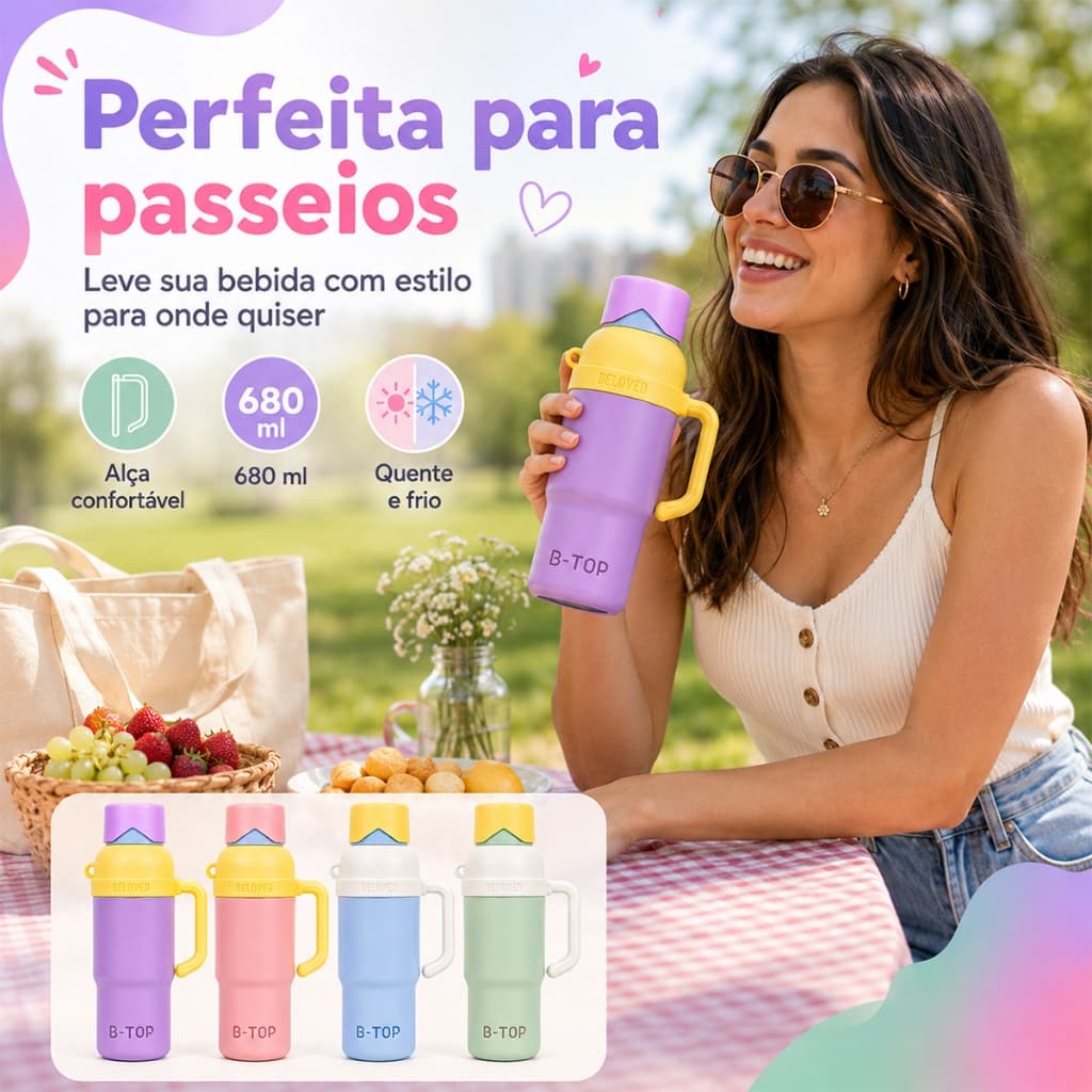 Garrafa Térmica Inox 680ml Com Canudo Tampa Antivazamento Para Água Viagem Academia