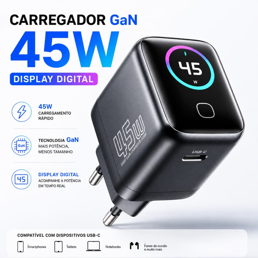 Carregador GaN 45W com Display Digital, Carregamento Super Rápido USB-C, Fonte Turbo para iPhone, iPad, Samsung Motorola