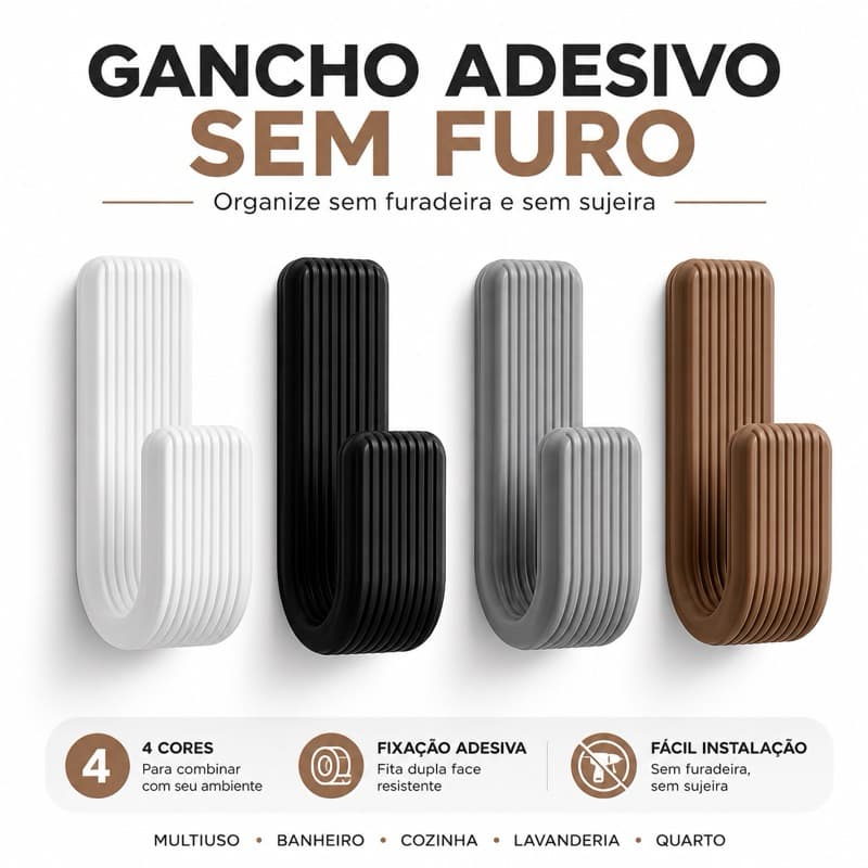 Kit Gancho Adesivo de Parede Sem Furo Porta Toalha Roupas Chaves Suporte Multiuso Banheiro Cozinha Fita Dupla Face