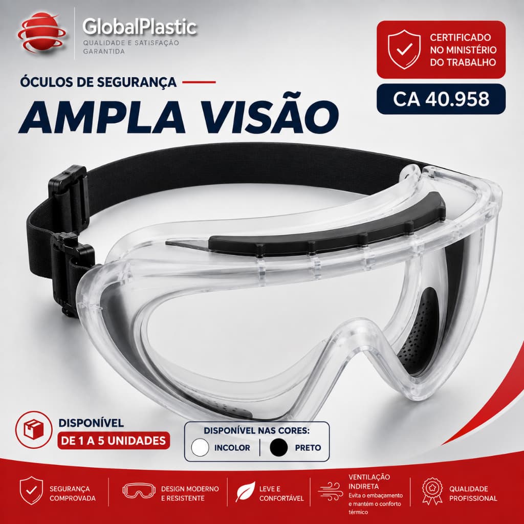 Óculos de Segurança Ampla Visão Spider ou Euro EPI Incolor Policarbonato Com Elástico Antirisco UV Anti Impacto