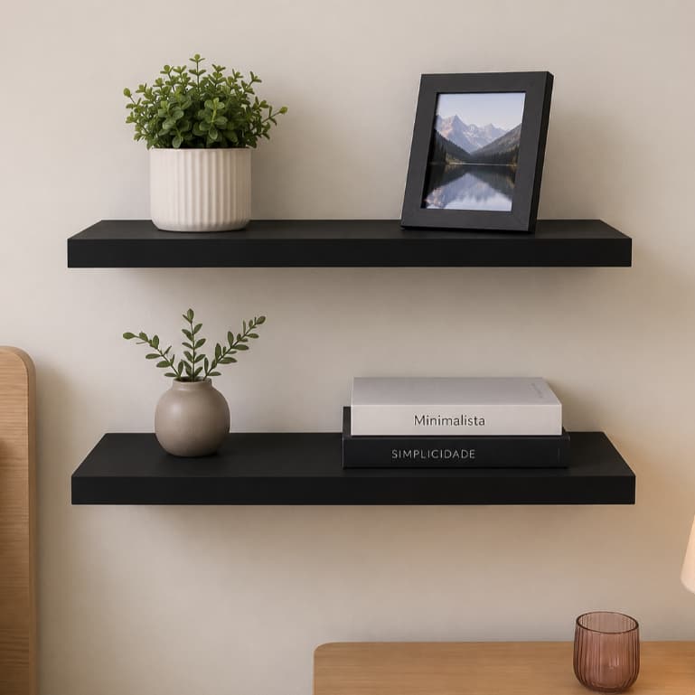 Kit 2 Prateleiras Flutuantes MDF Preto 45x20cm | Prateleira de Parede Decorativa