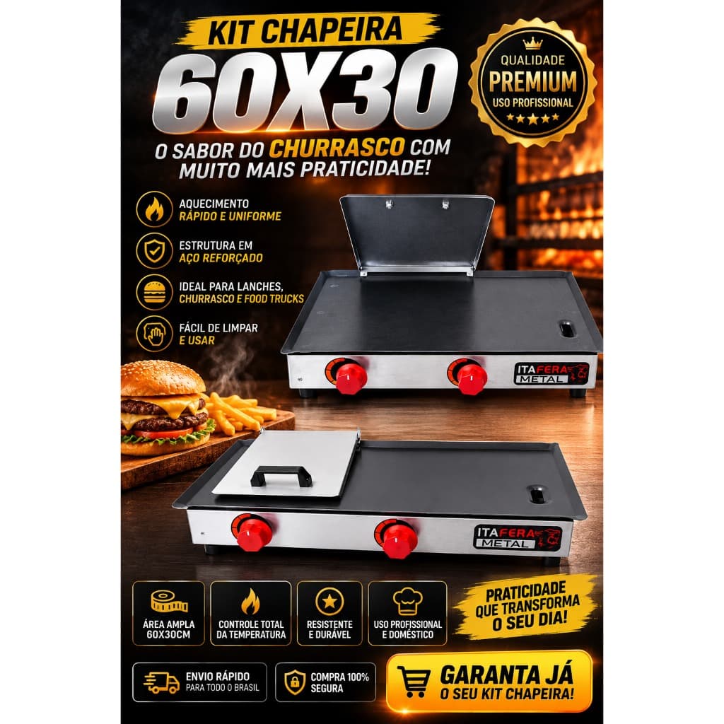 Kit Chapa De Lanche para Hamburguer Semiprofissional A Gás 60x30