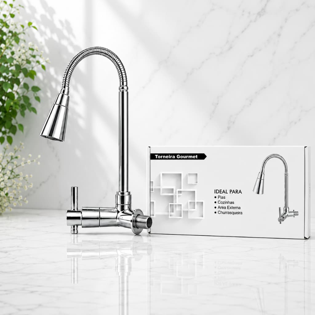 Torneira Gourmet De Parede com 2 Jatos Banheiro Cozinha Lavanderia Pia Flexível Área Gourmet Cromada