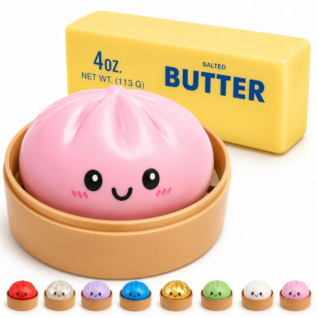 Kit Taba Squishy Dumplings Bolinho Chinês + Squish Manteiga Butter Tik Tok