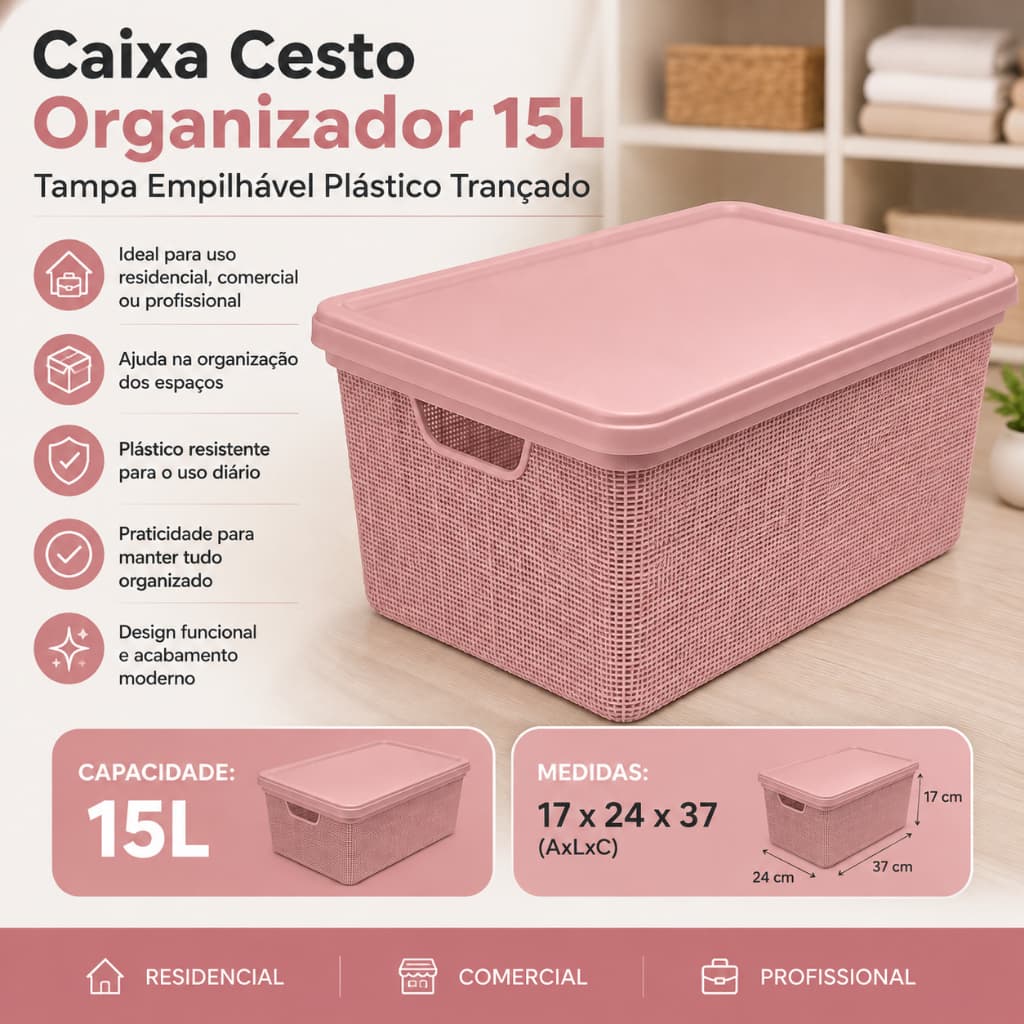 Caixa Cesto Organizador 15L Tampa Empilhável Plástico Trançado 37x24x17cm Gaveta Armário Closet Dispensa
