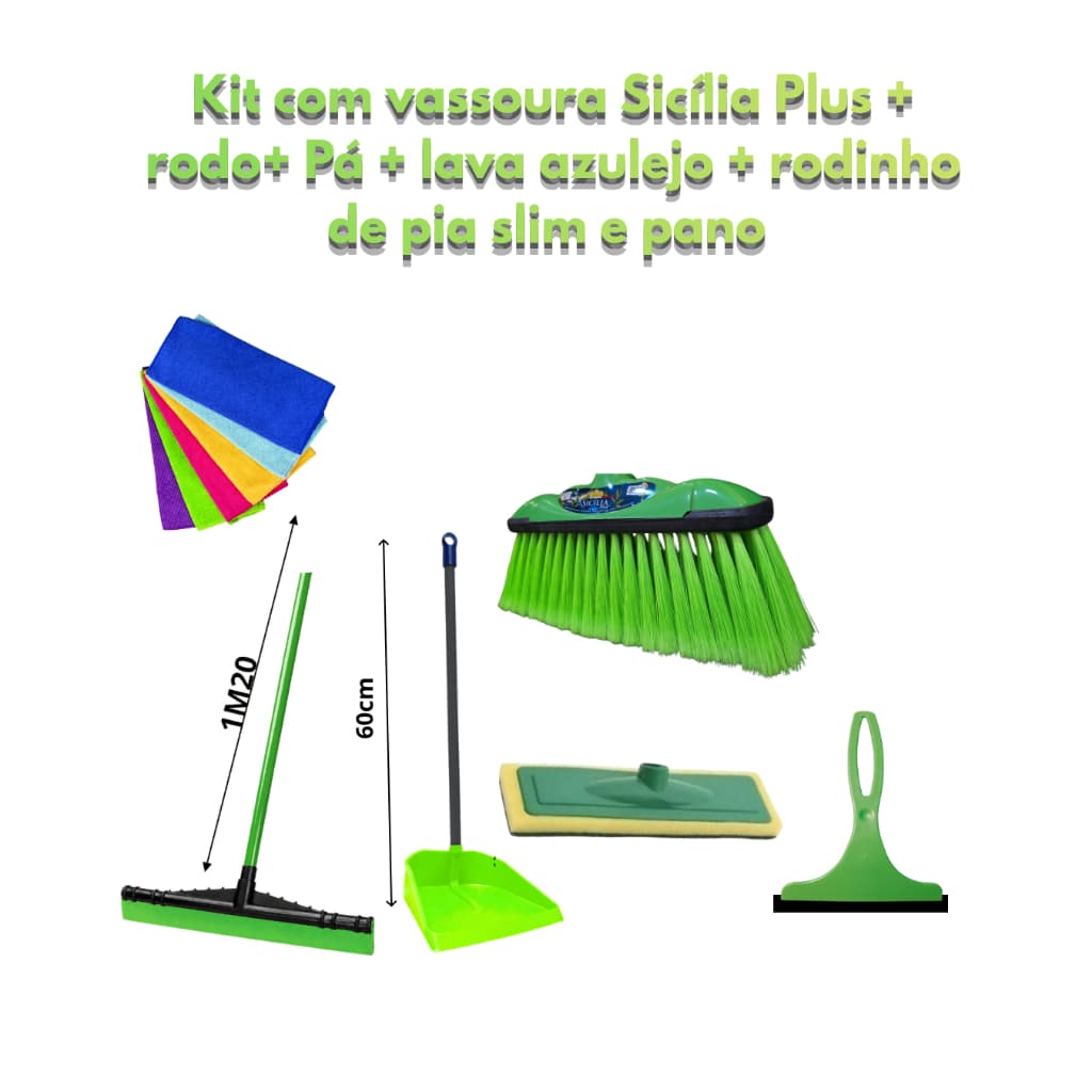 Vassoura Sicília Plus, Rodo 40cm, Pá longa, Lava azulejo, Rodinho slim e Pano de microfibra