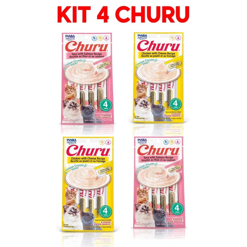 CHURU KIT PREMIUM - 4 Pacotes com 16 Tubetes Petisco Cremoso para Gatos
