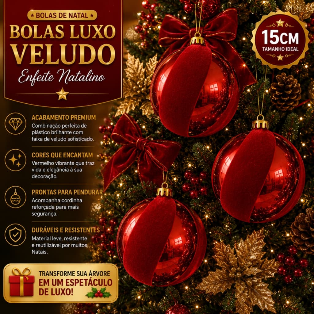 Kit Bolas de Veludo 15cm Natal Grande Brilhante Vermelha Premium Decoração Natalina