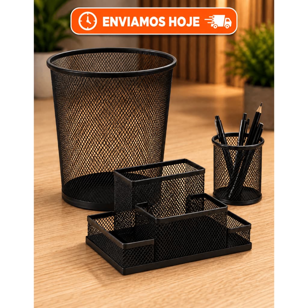 Kit Escritório 1/3 Peças  Organizador De Mesa Aramado Porta Canetas Redondo Lápis Multiuso Lixeira Preto