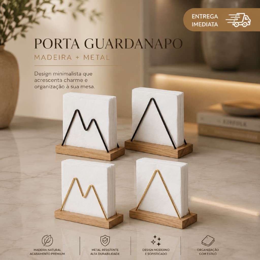 Porta Guardanapo Madeira Aço Dourado Preto Fosco Grande MDF para Mesa Cozinha Suporte Elegante