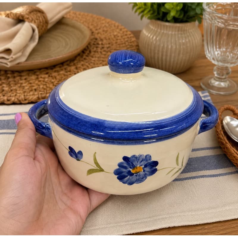 Mini Caçarola Panelinha Com Tampa Decorado Azul Em Cerâmica Pintado A Mão