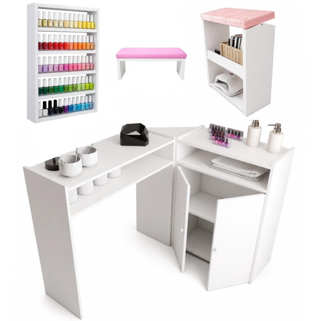 Mesa Manicure Em L Com 2 Porta Completa + Esmalteira Média + Apoio de Mãos + Apoio Para Pés Pedicure