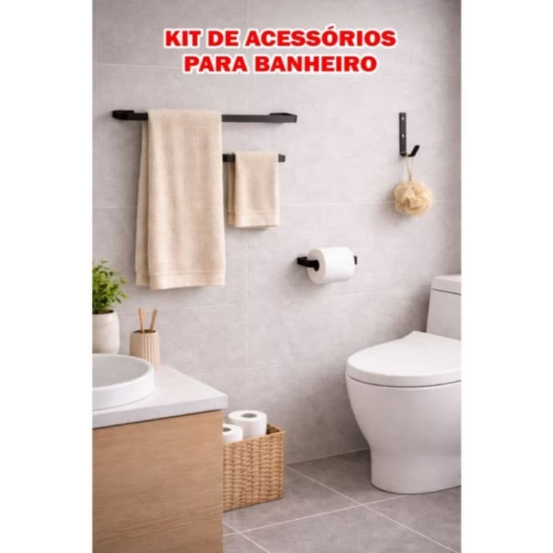 Kit Para Banheiro 4 Peças Preto Porta Toalha Banho Rosto Papel Higiênico Gancho