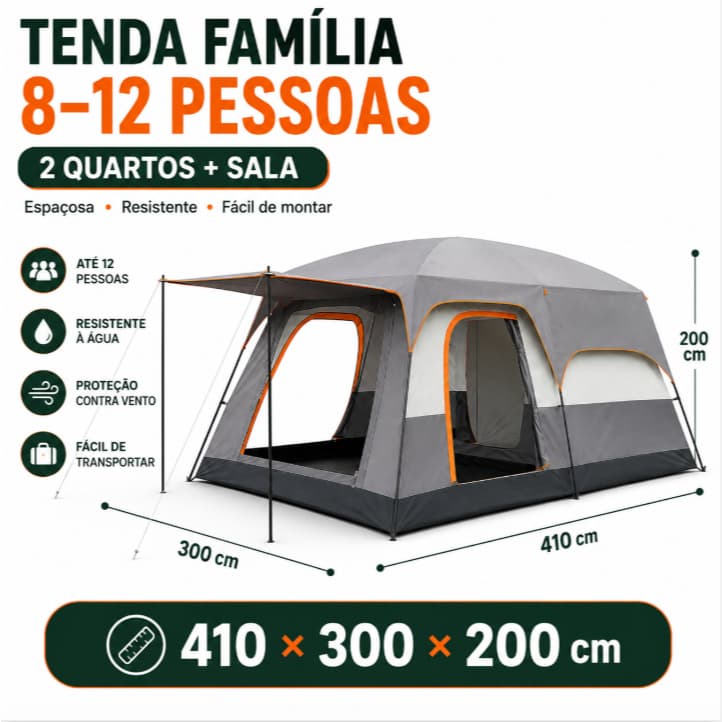 Barraca Espaçosa para Camping Familiar 2 Quartos e Sala 410x300x200cm