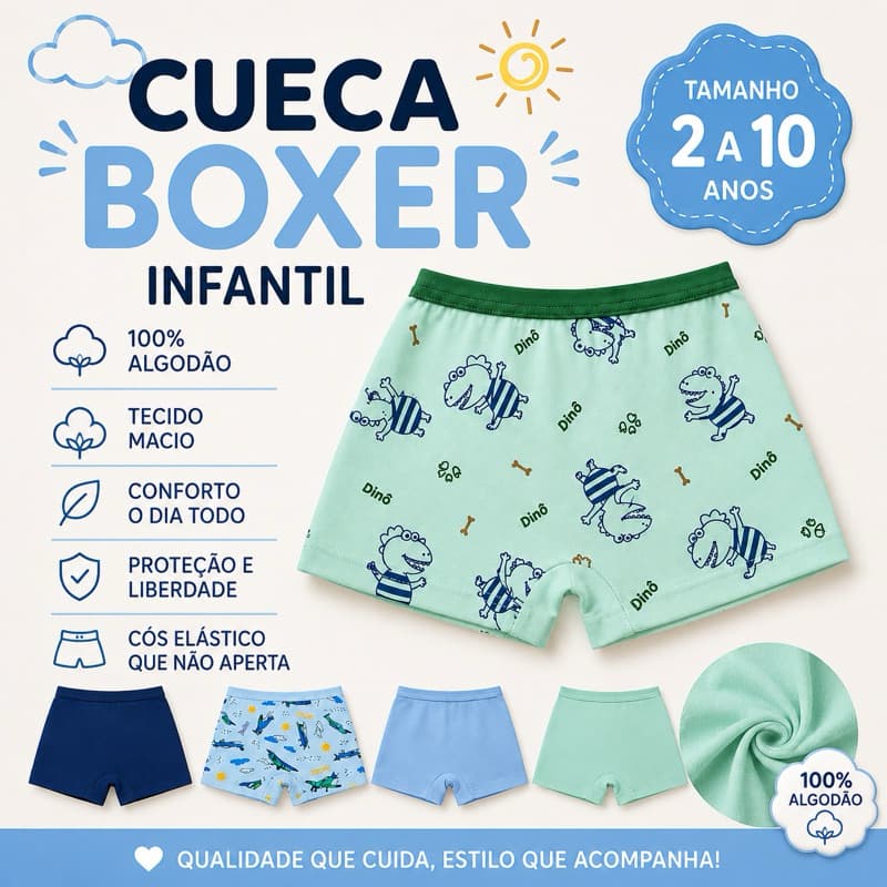Kit até 05 Cueca Boxer Infantil Menino 2 a 10 Anos Conforto Premium