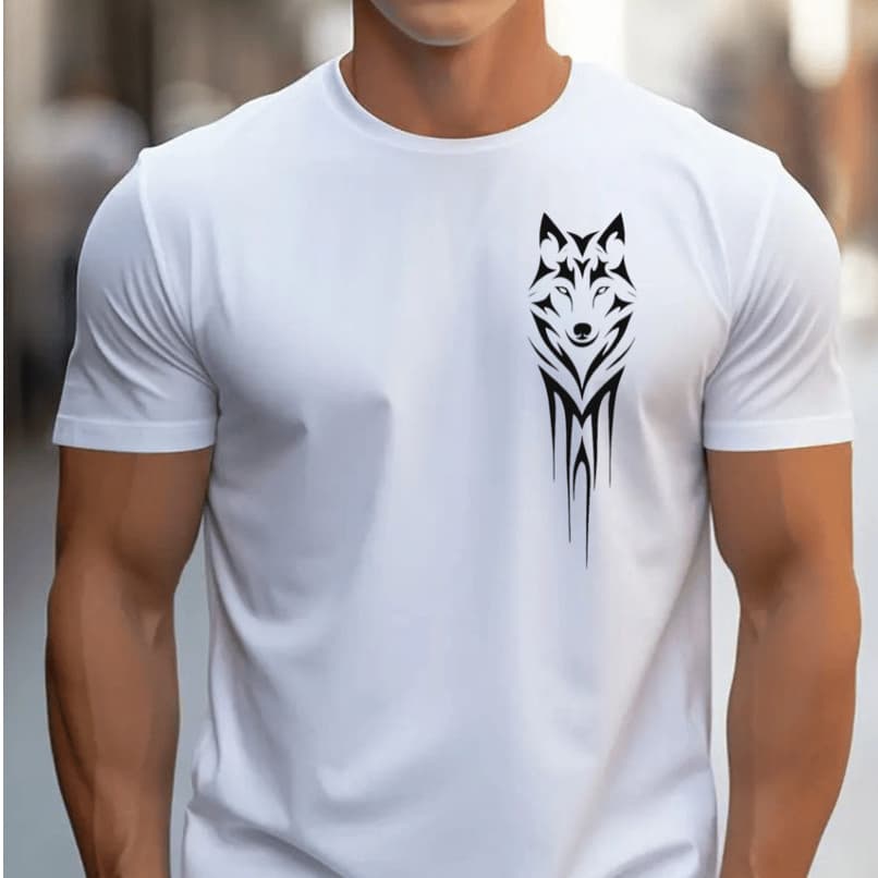 Camiseta Masculina Wolf Tribal Estampada no Peito Estilo Streetwear Casual Camisa Sport Moderna