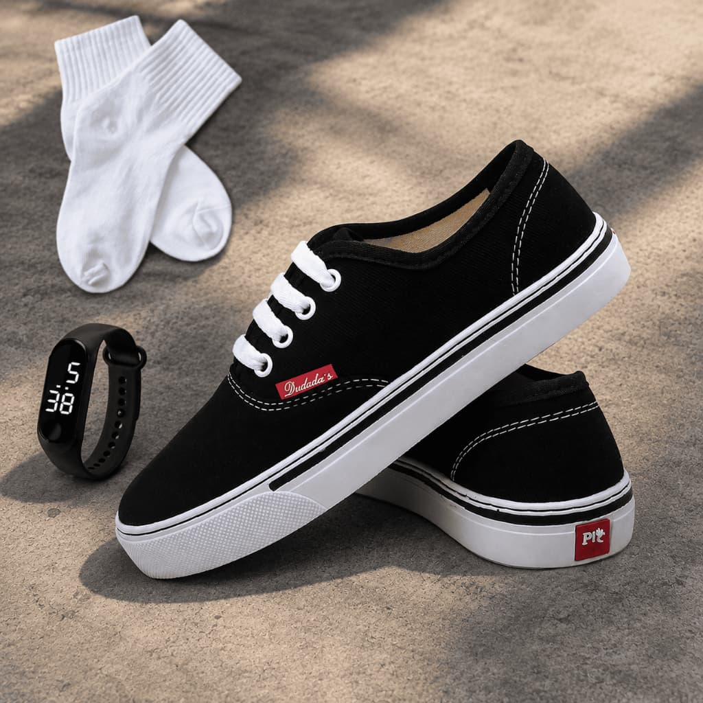 Kit Tênis Casual Feminino Preto Básico Sola Baixa em Lona com Relógio Digital e Meia