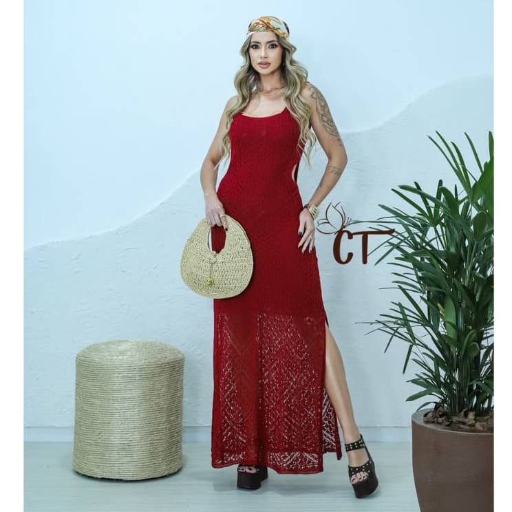 Vestido Longo Tricot Íris Forrado com Fenda Rendado de Alças Largas Elegante Moda Feminina
