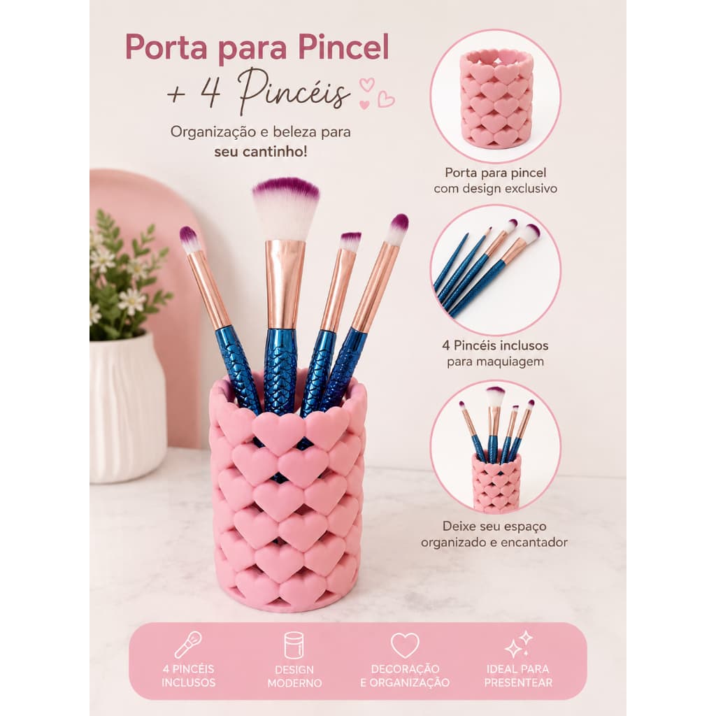 Porta Pincel de Maquiagem Coração + 4 Pincéis Inclusos Organizador de Maquiagem