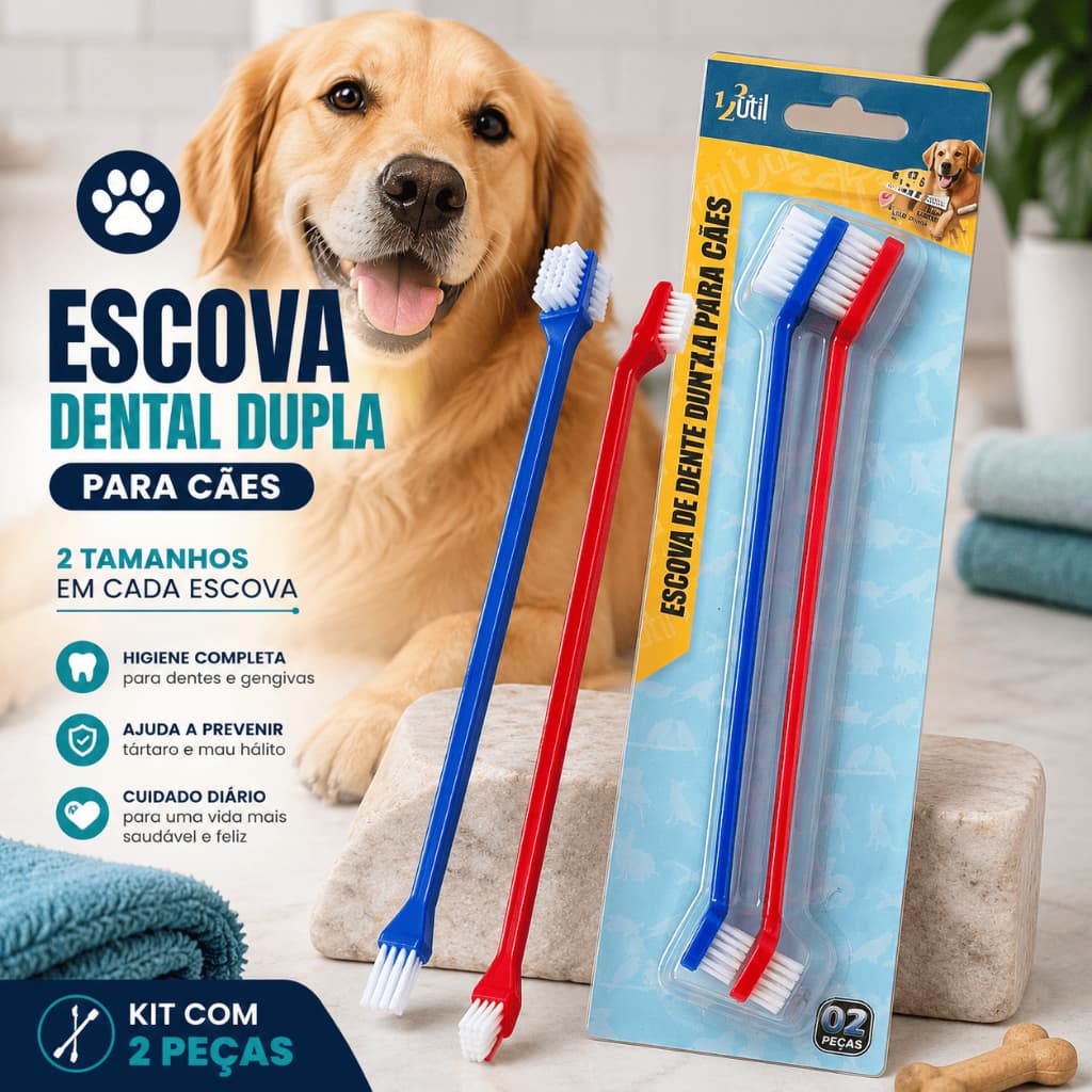 Escova de Dentes para Cachorro e Gato Dupla Face Cabo Longo Higiene Bucal Pet 2 Peças