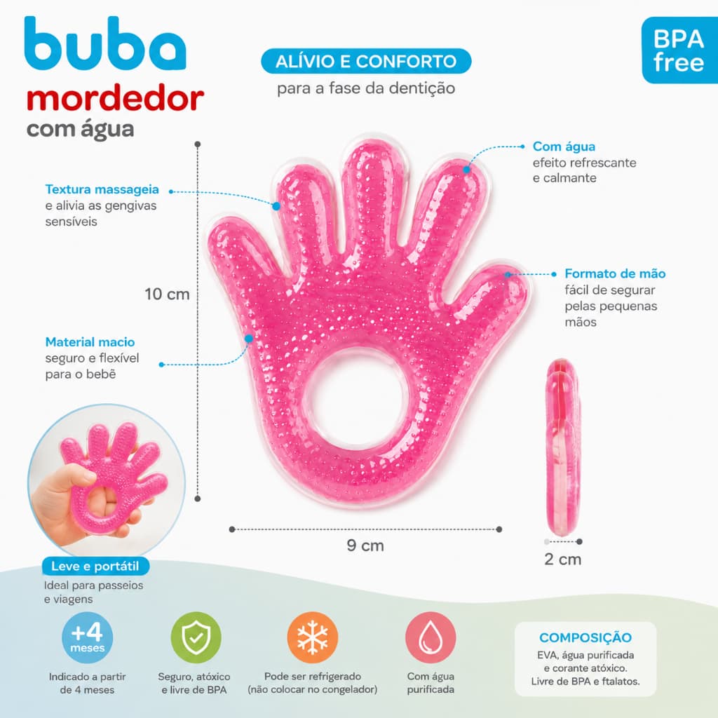 Mordedor Com Água Buba Formato Mão Para Bebê +4 Meses Rosa