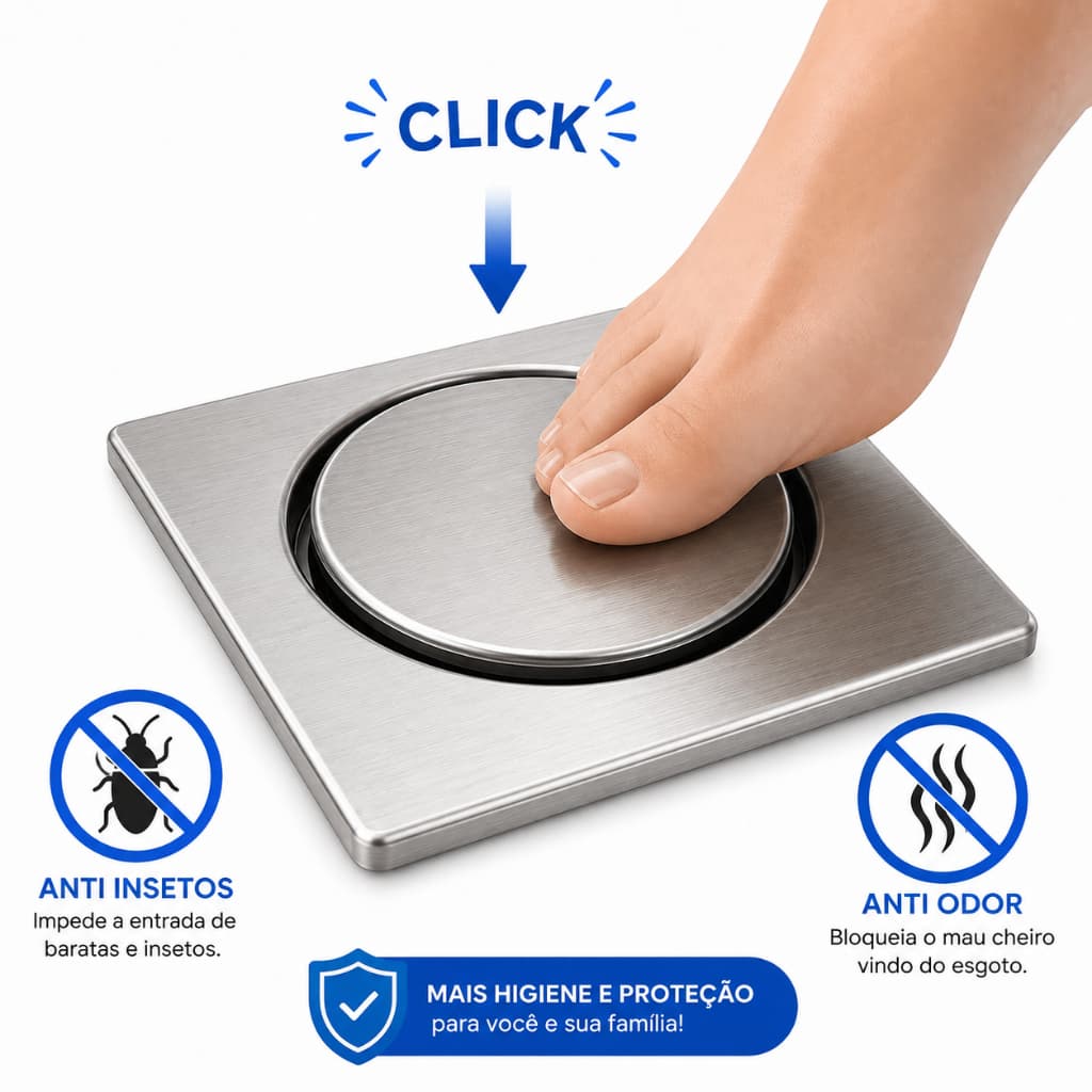 Ralo Inox  Click 10x10 15x15  Abre e Fecha ao Pisar Anti-Odor para Banheiro e Box Moderno Pop Up