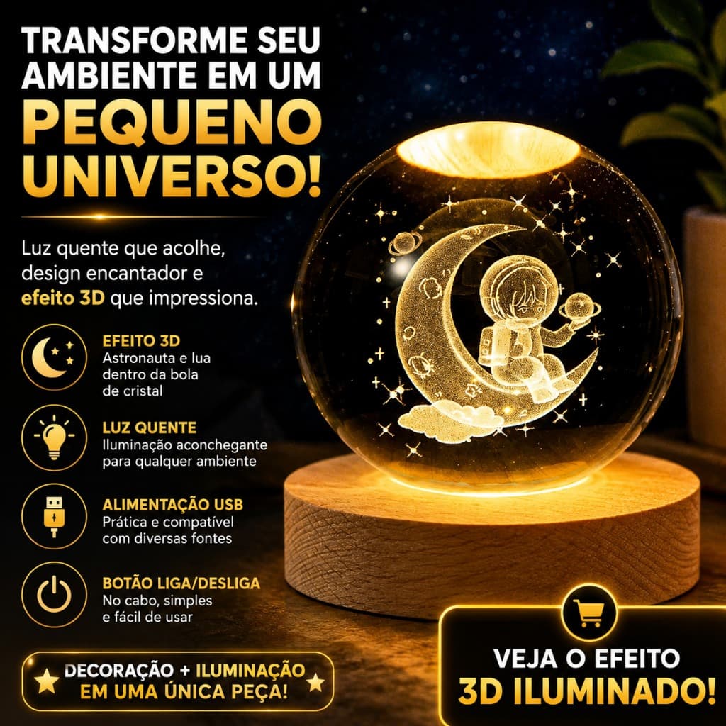 Luminária Bola de Cristal 3D Astronauta LED Luz Quente USB Base de Madeira Abajur de Mesa Decoração