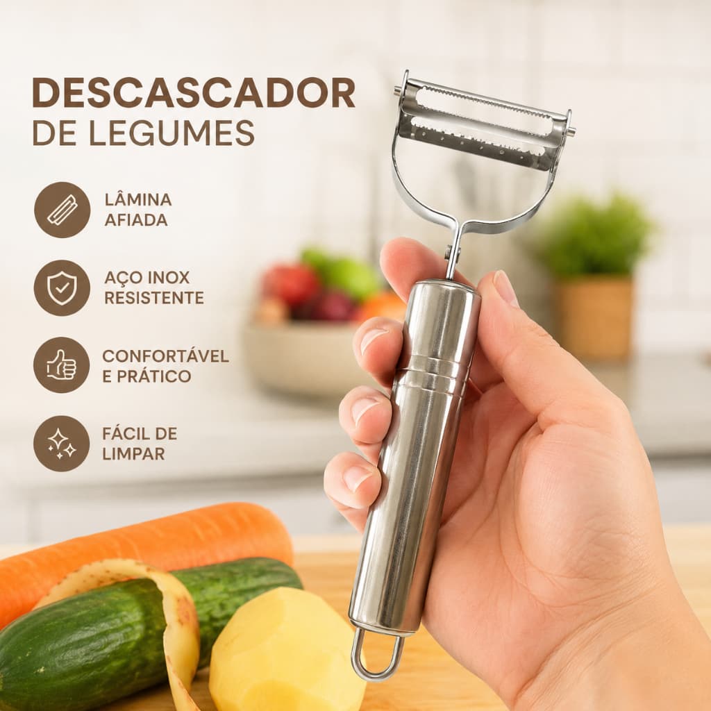 Descascador de Legumes Inox 2 em 1 Dupla Lâmina Móvel para Frutas e Verduras
