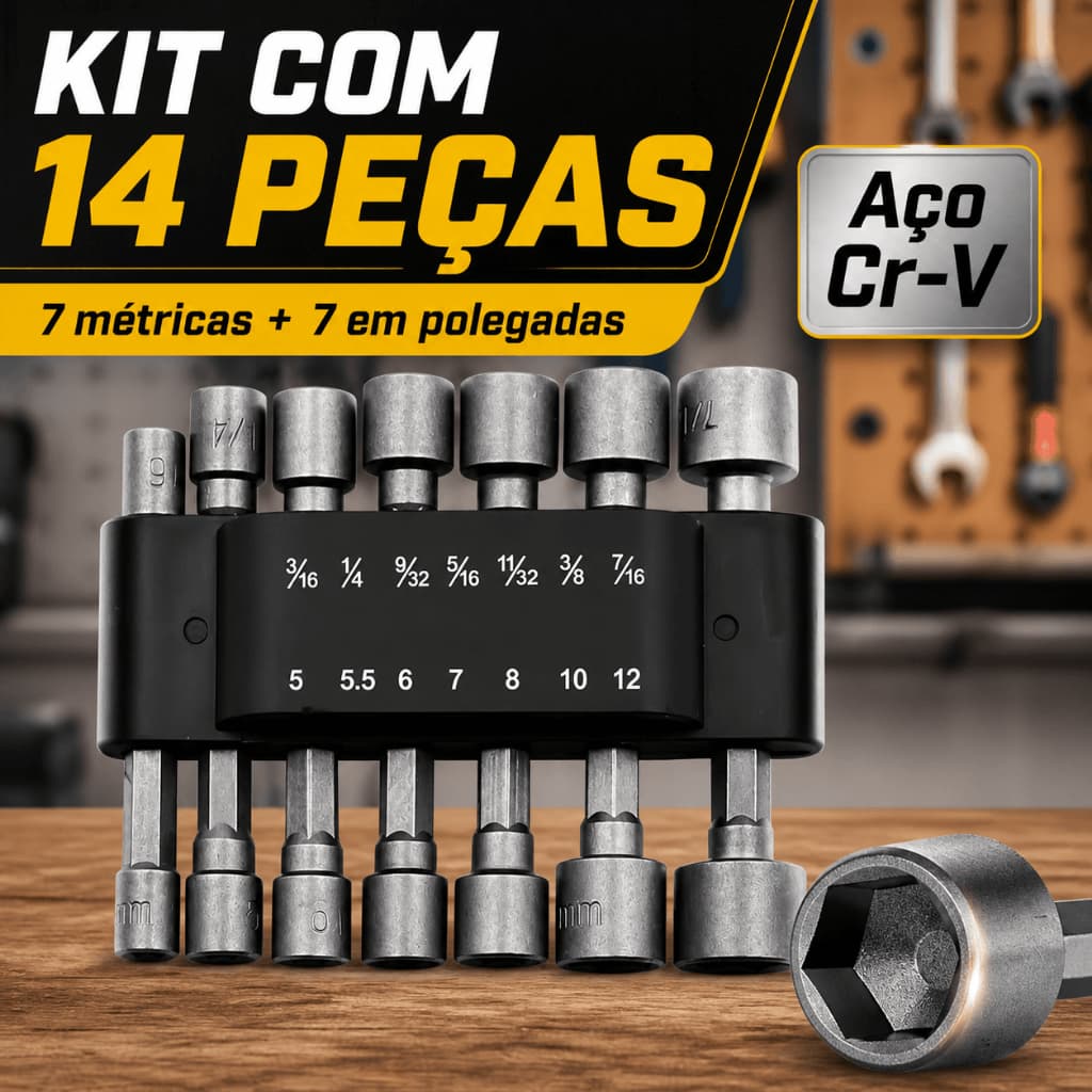 Jogo de Soquetes para Parafusadeira com 14 Peças em Aço Cr-V e Encaixe Hexagonal de 1/4 Polegada
