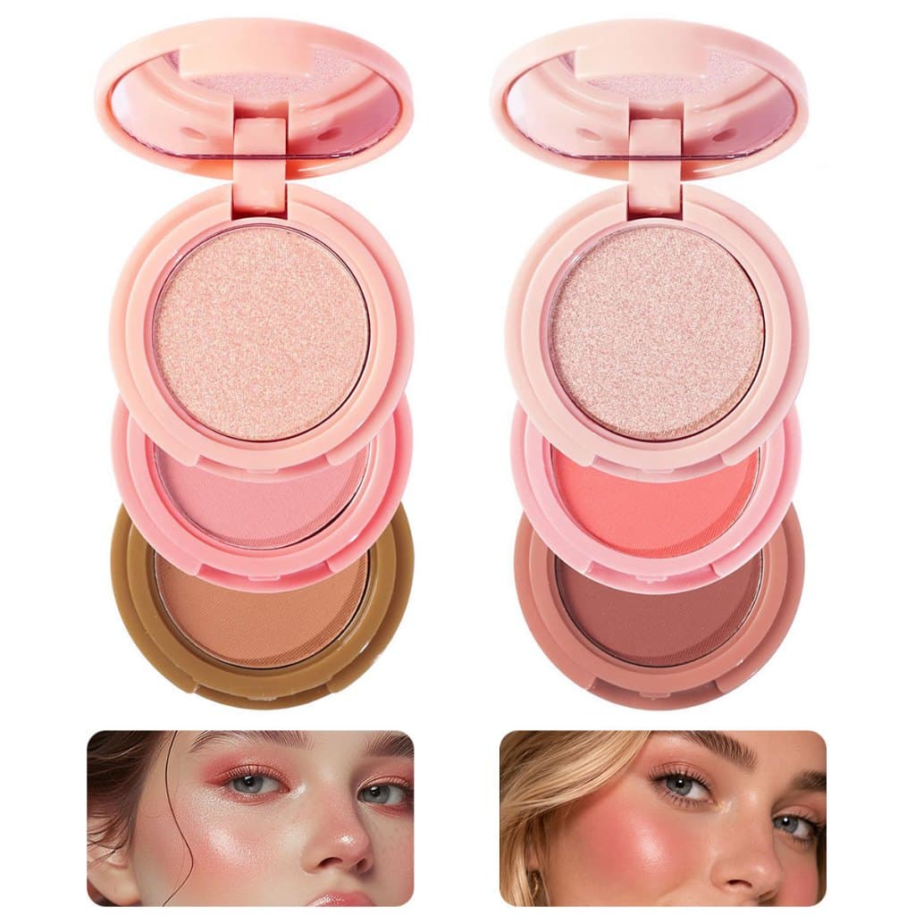 Paleta 3 em 1 Iluminador Blush e Contorno Facial Compacto Maquiagem Glow Alta Pigmentação Longa Duração Não Desbota