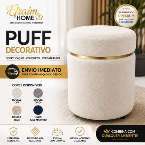 Puff Redondo Decorativo Com Detalhes Dourados Tecido Boucle