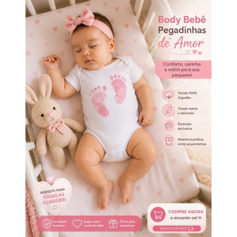 🩷 Body Bebê Menina Pegadinhas de Amor – RN, P, M e G | Confortável, Delicado e Lindo