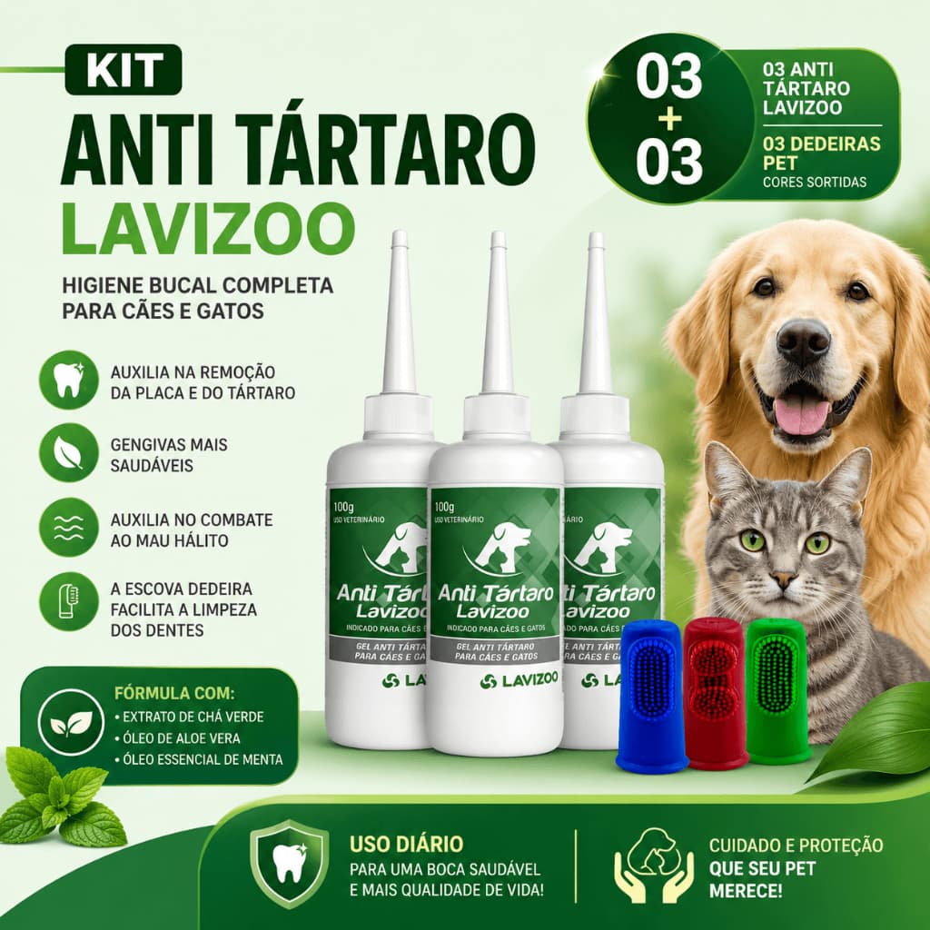 Kit 3 Removedor de Tártaro Lavizoo + 3 Escova Dedeira para Cachorro