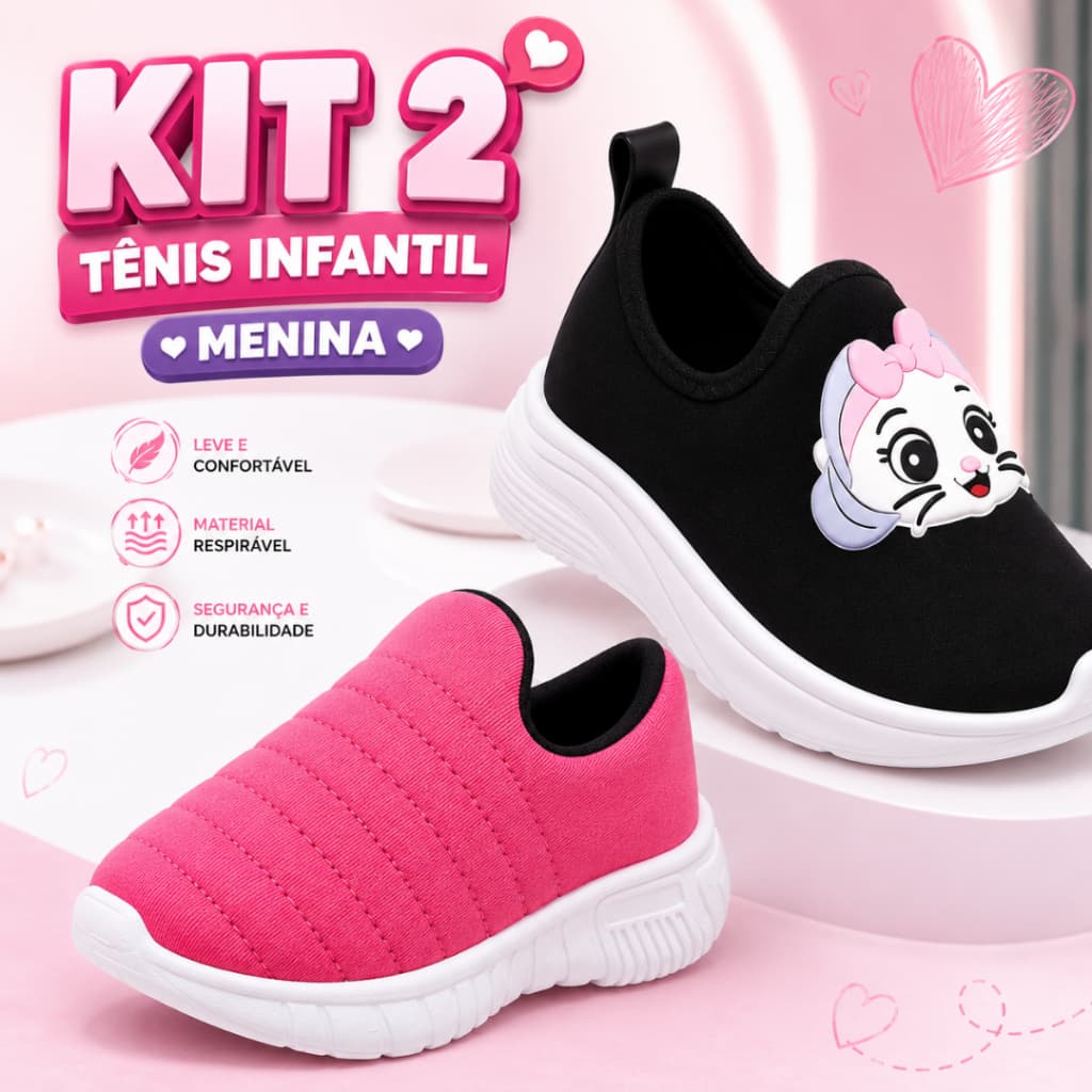 Kit 2 Tênis Infantil Menina Calce Fácil Bordado e Personagem Confortável Leve Casual Dia a Dia