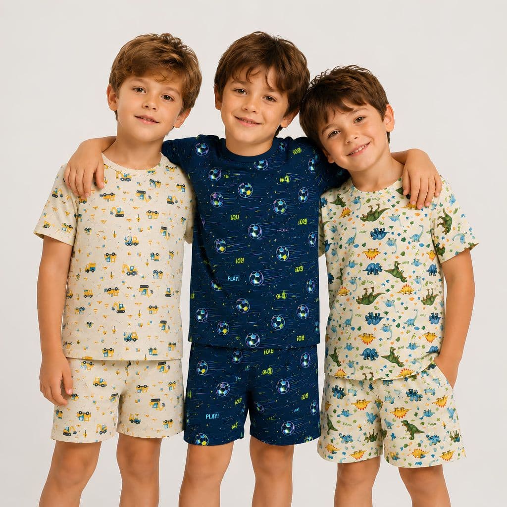 Kit 2 ou 4 Pijamas Infantil Menino Verão Camisa + Shorts Estampas Sortidas 2 ao 16 Anos