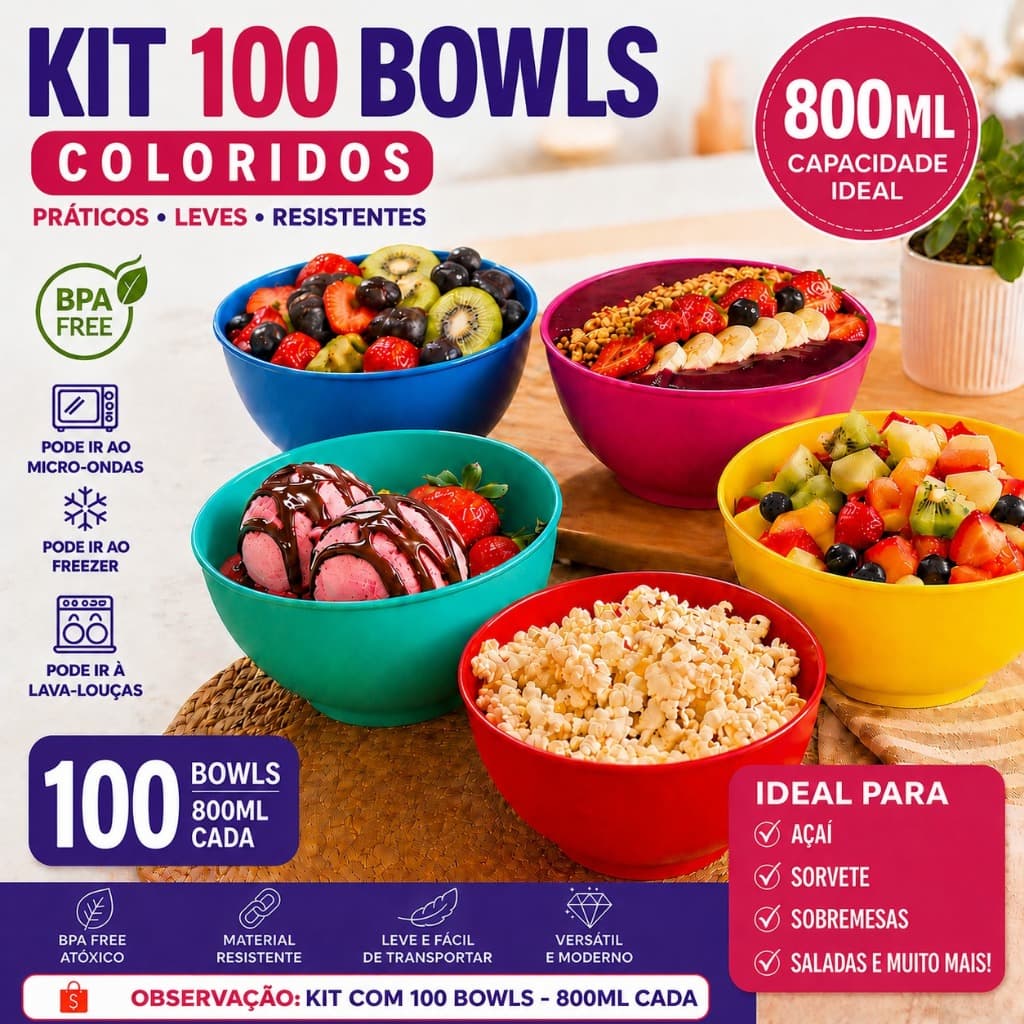 Kit 100 Bowls 800ml Cumbuca Pote Tigela Doce Salgado Plastico Festa Envio Rapido