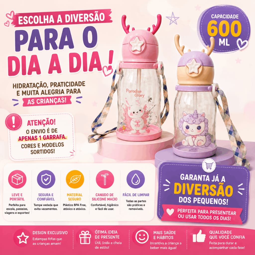 Garrafa Infantil 600ml com Canudo e Alça Escolar Portátil Bichinhos Coelho Pônei Leão Dinossauro