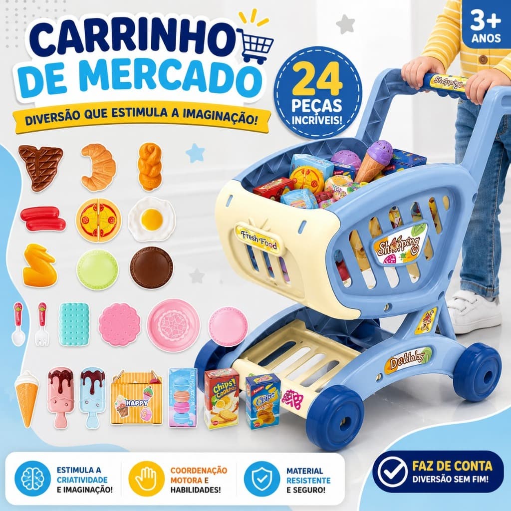 Carrinho de Compras Infantil Com 24 Peças Brinquedo Mercadinho Faz de Conta