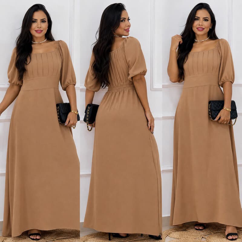 Vestido Longo Evangélico Com Manga 3/4 e Lastex Nas Costas Tecido Duna